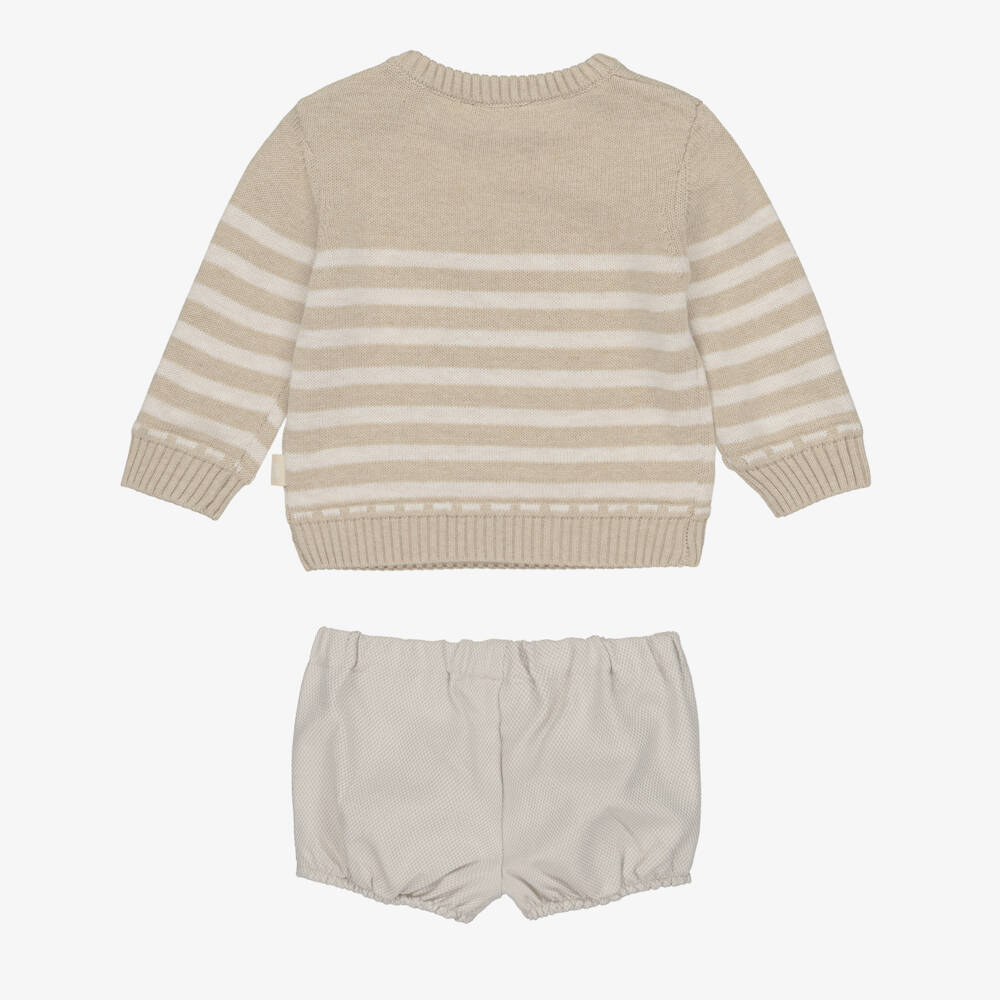 Tutto Piccolo-Boys Beige Sweater & Shorts Set with Train Motif | Childrensalon