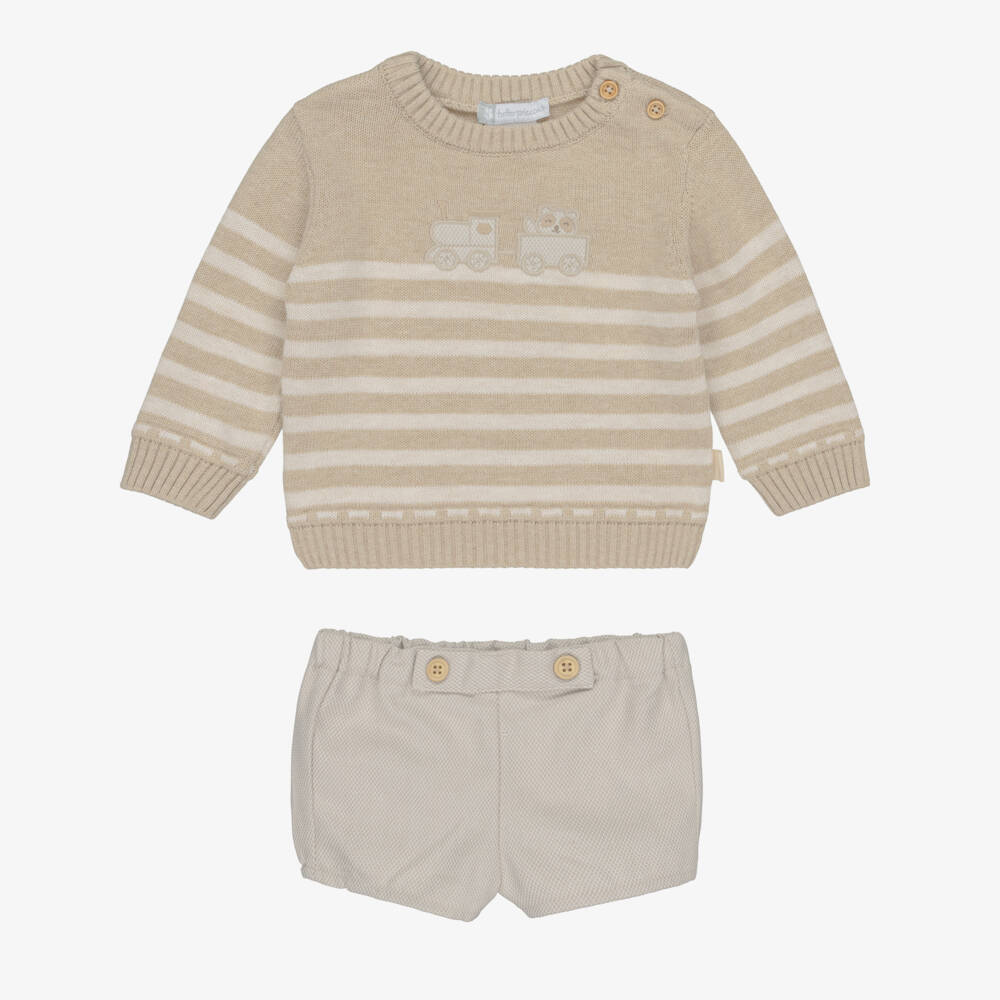 Tutto Piccolo-Boys Beige Sweater & Shorts Set with Train Motif | Childrensalon