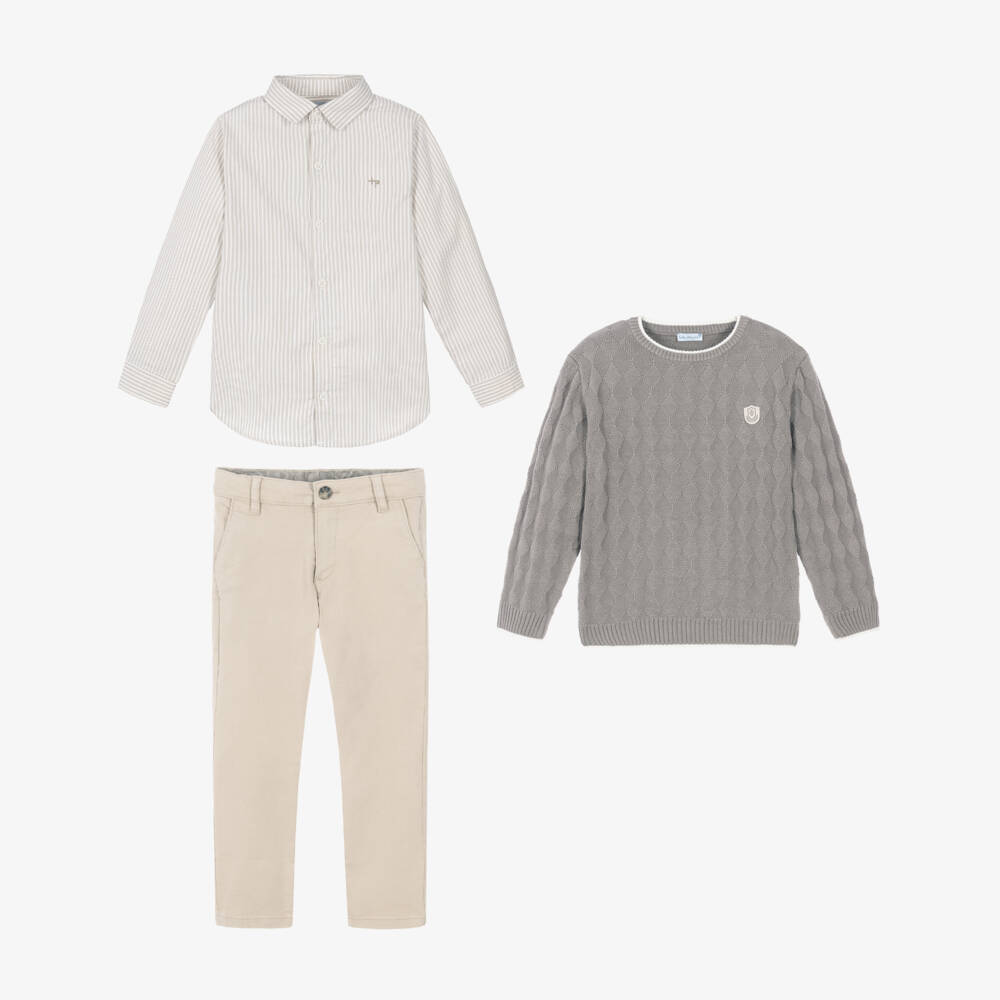 Tutto Piccolo-Boys Beige Trouser Set with Shirt & Sweater | Childrensalon