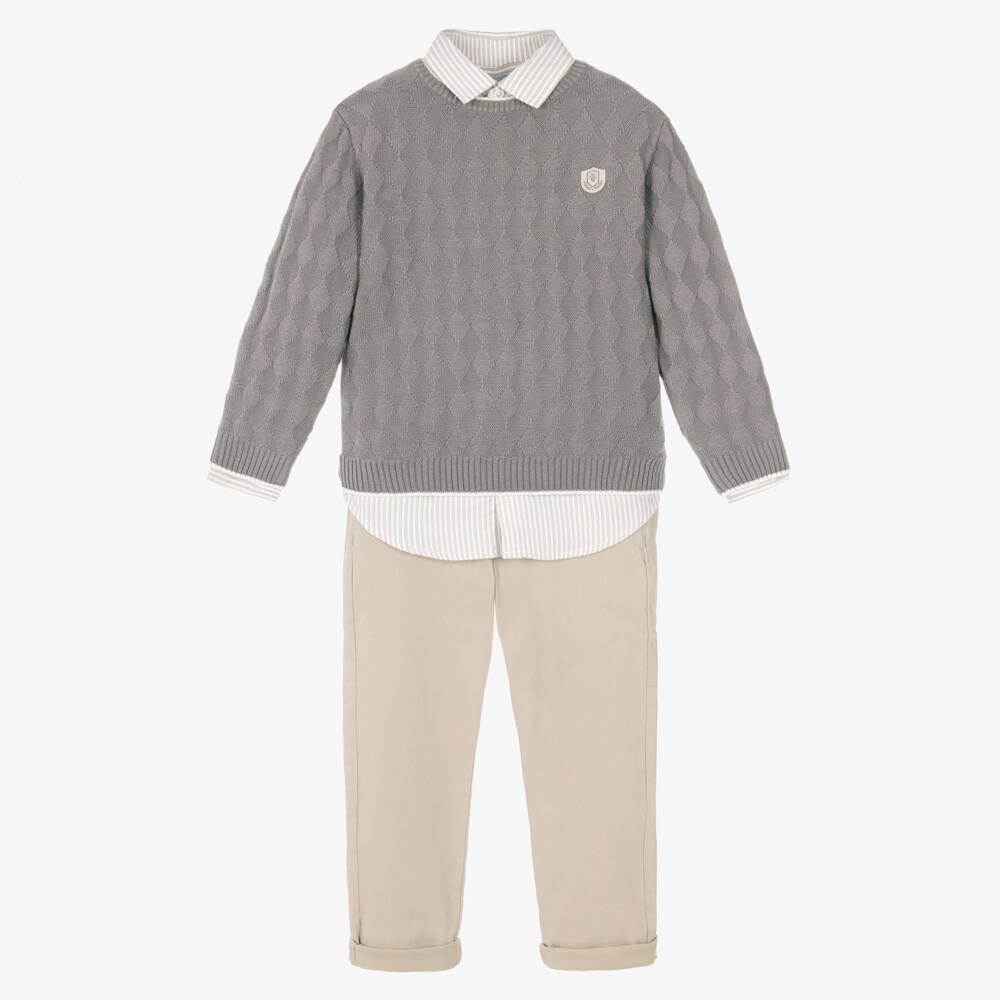 Tutto Piccolo-Boys Beige Trouser Set with Shirt & Sweater | Childrensalon