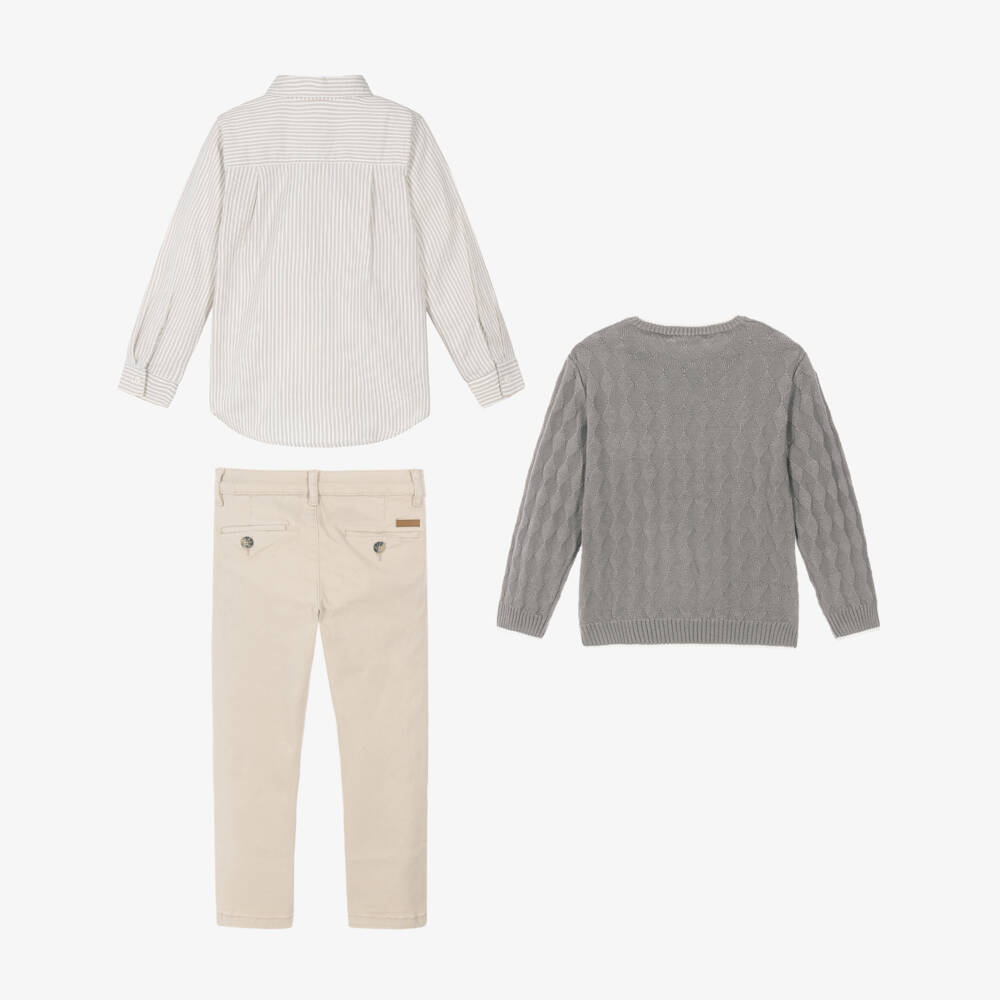 Tutto Piccolo-Boys Beige Trouser Set with Shirt & Sweater | Childrensalon