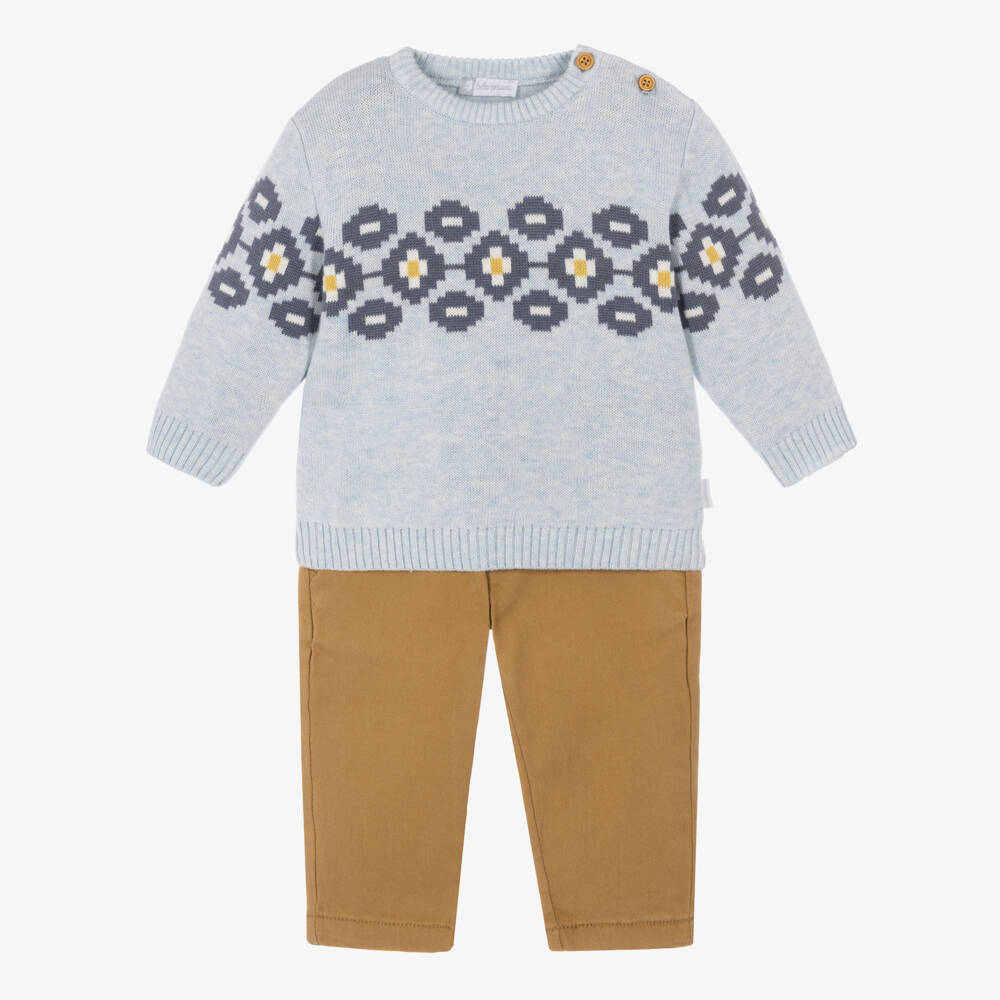 Tutto Piccolo-Boys Blue & Beige Patterned Trouser Set | Childrensalon