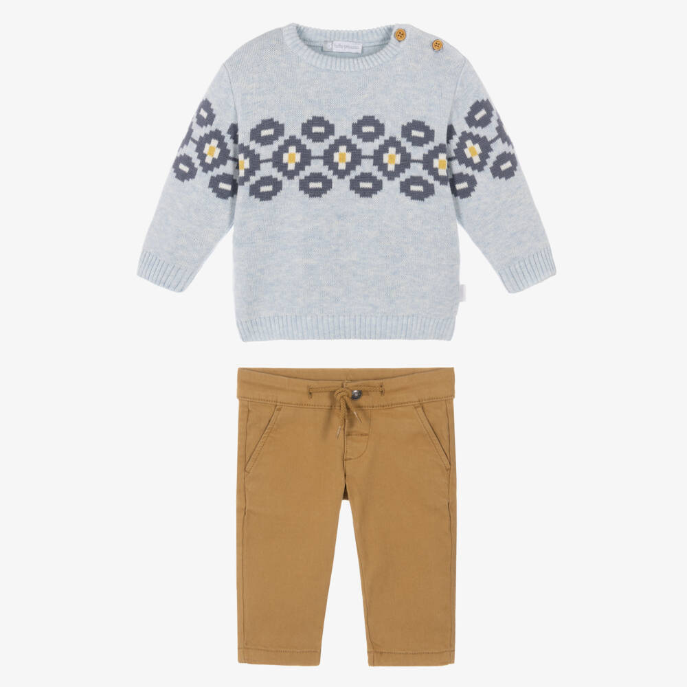 Tutto Piccolo-Boys Blue & Beige Patterned Trouser Set | Childrensalon