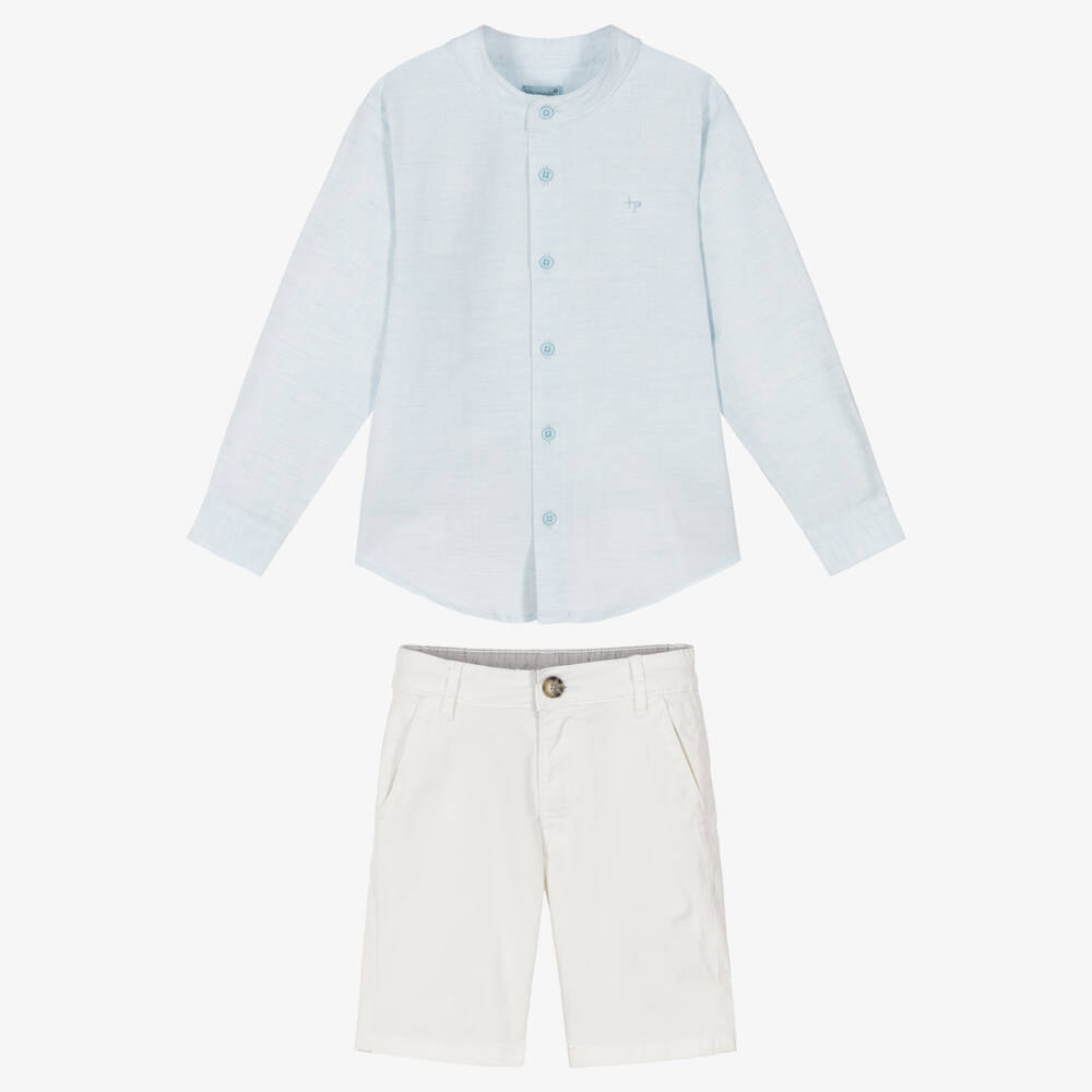Tutto Piccolo-Boys Blue Collarless Shirt & White Shorts Set | Childrensalon