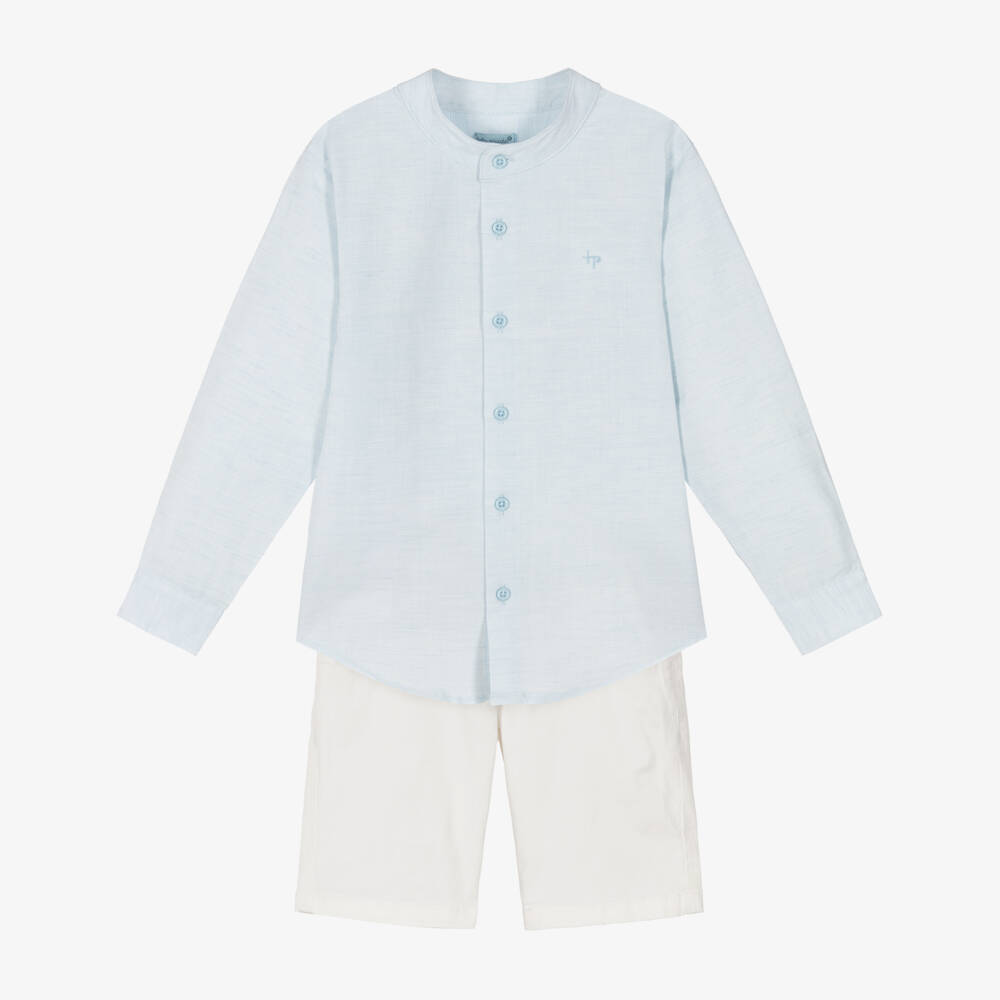 Tutto Piccolo-Boys Blue Collarless Shirt & White Shorts Set | Childrensalon