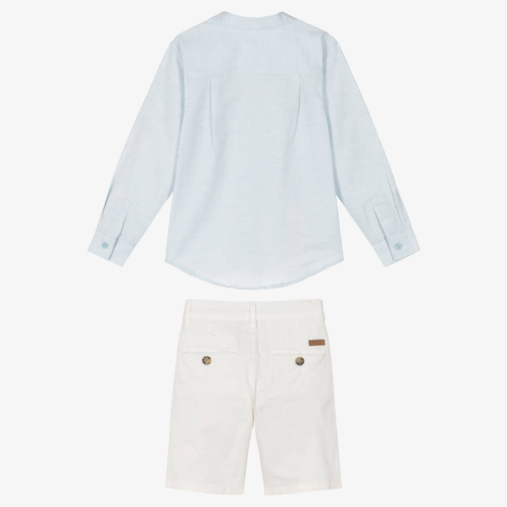 Tutto Piccolo-Boys Blue Collarless Shirt & White Shorts Set | Childrensalon