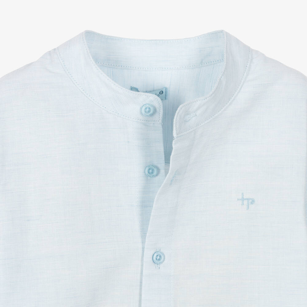 Tutto Piccolo-Boys Blue Collarless Shirt & White Shorts Set | Childrensalon