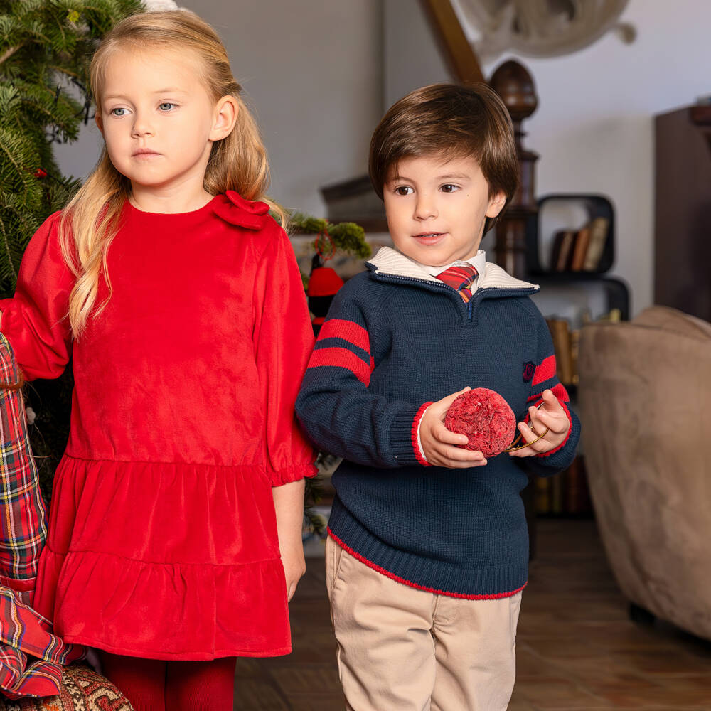 Tutto Piccolo-Свитер синий хлопковый вязаный с полумолнией для мальчиков | Childrensalon