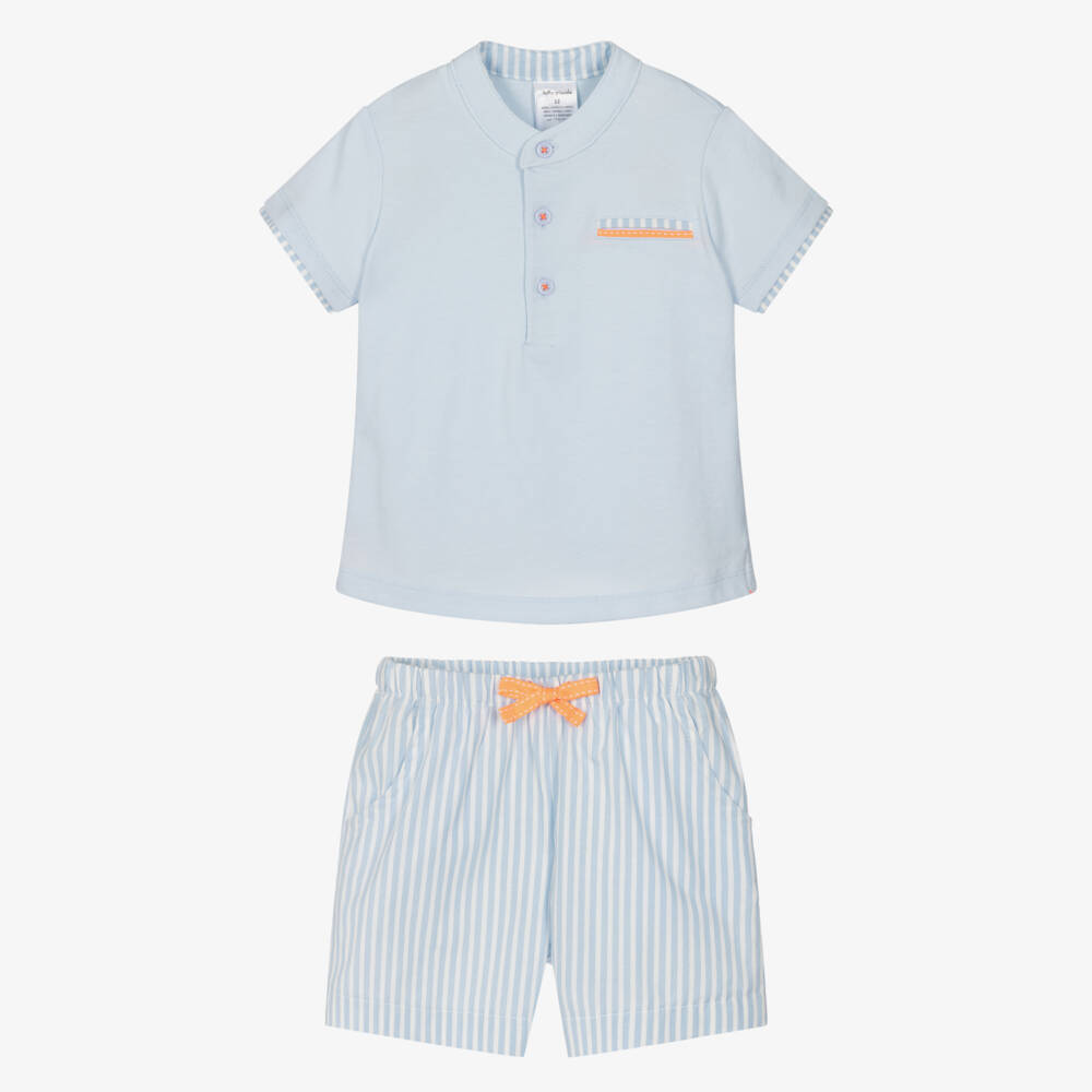 Tutto Piccolo-Boys Blue Cotton T-Shirt & Striped Shorts Set  | Childrensalon