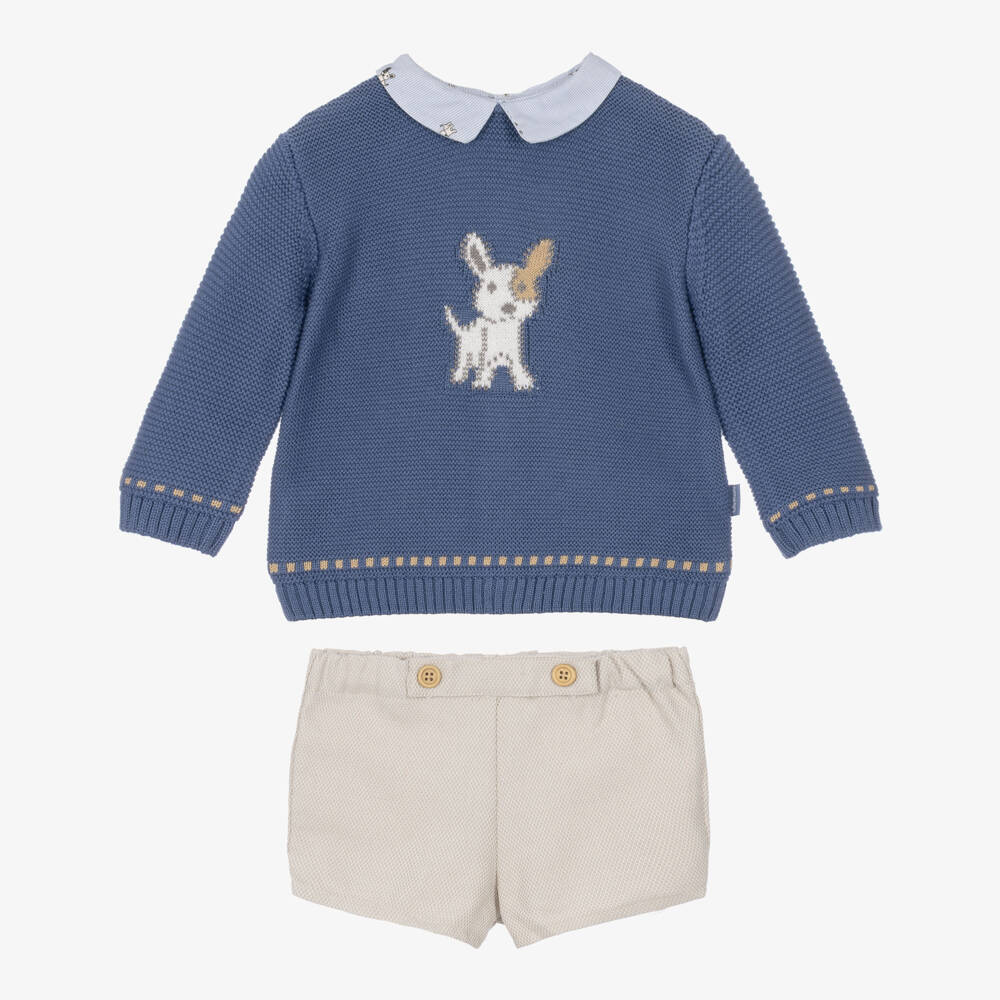 Tutto Piccolo-Boys Blue Dog Sweater & Beige Shorts Set | Childrensalon