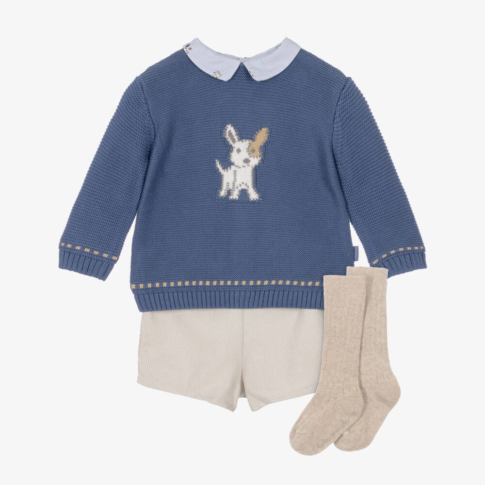 Tutto Piccolo-Boys Blue Dog Sweater & Beige Shorts Set | Childrensalon