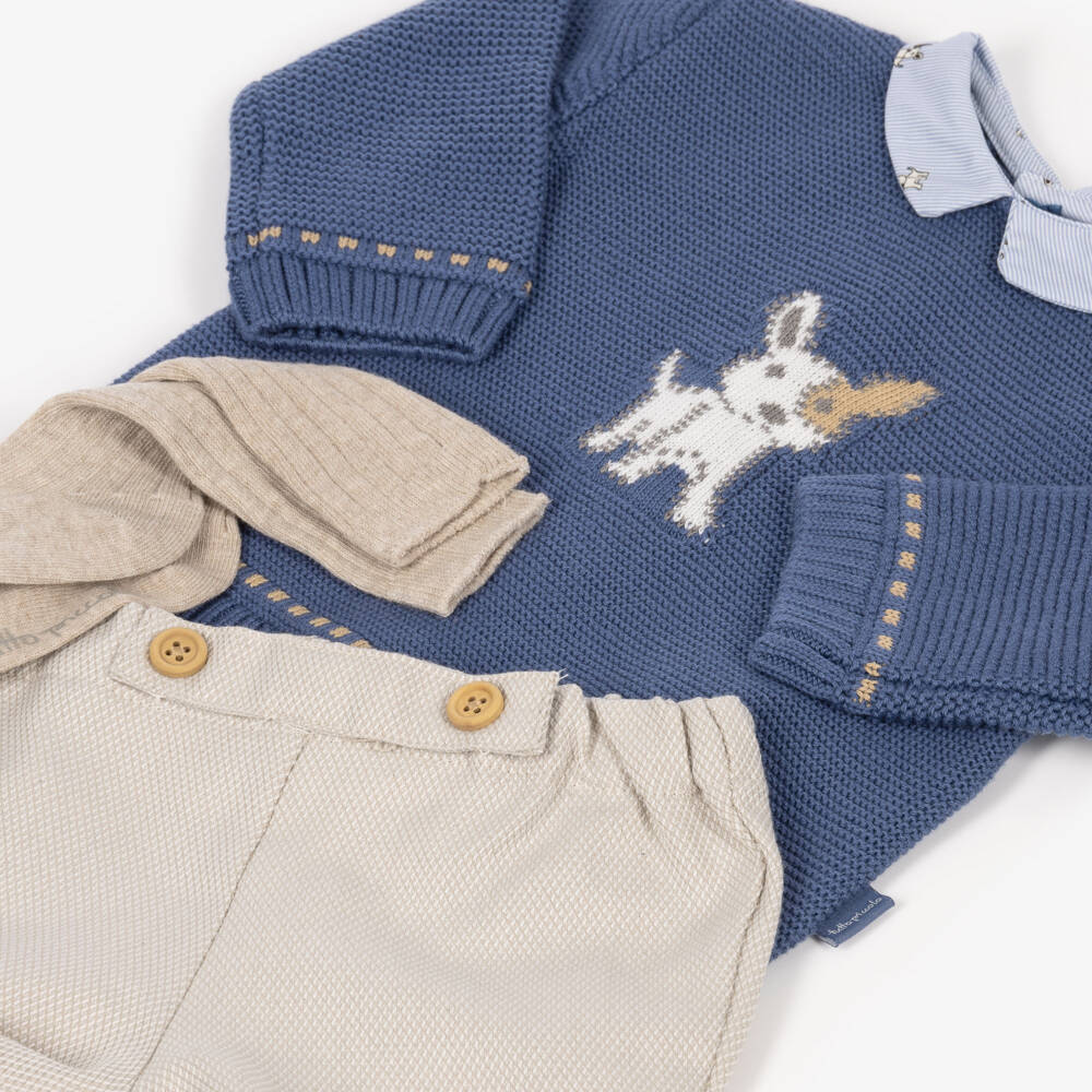 Tutto Piccolo-Boys Blue Dog Sweater & Beige Shorts Set | Childrensalon