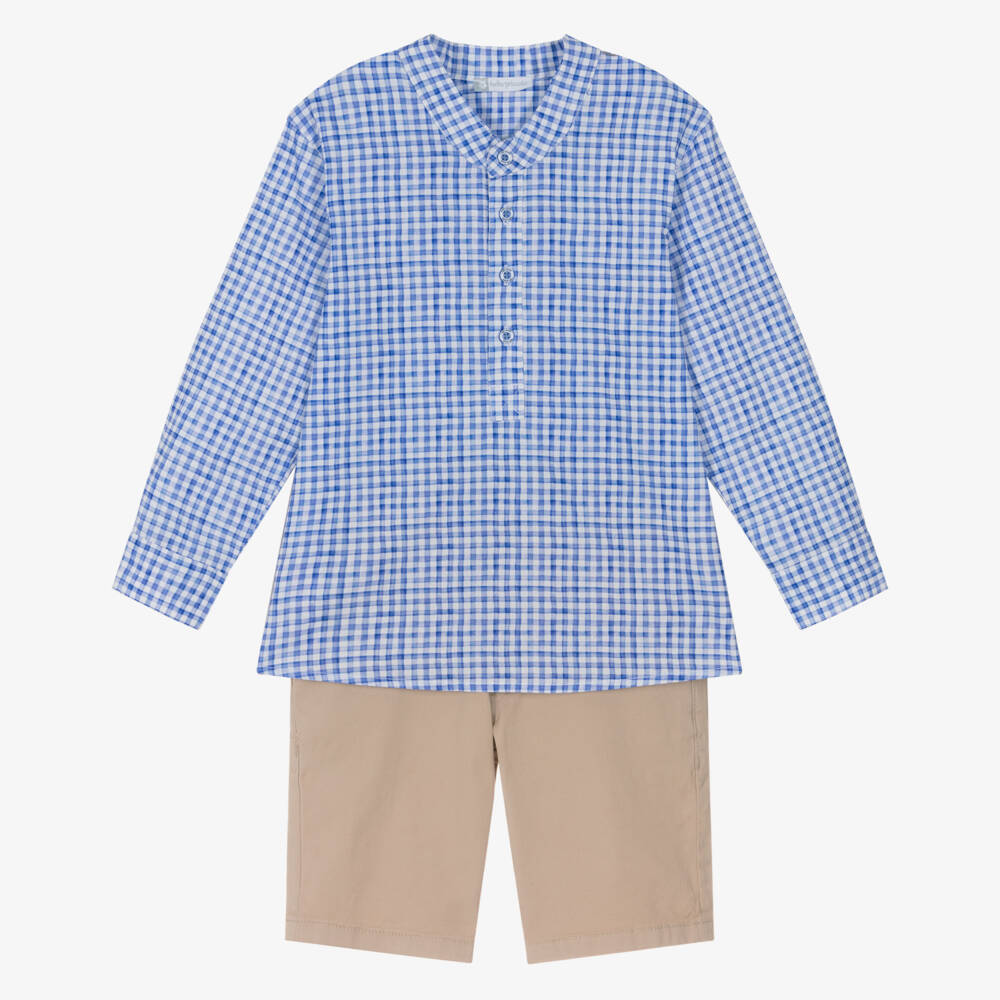 Tutto Piccolo-Boys Blue Gingham Shirt & Beige Shorts Set | Childrensalon