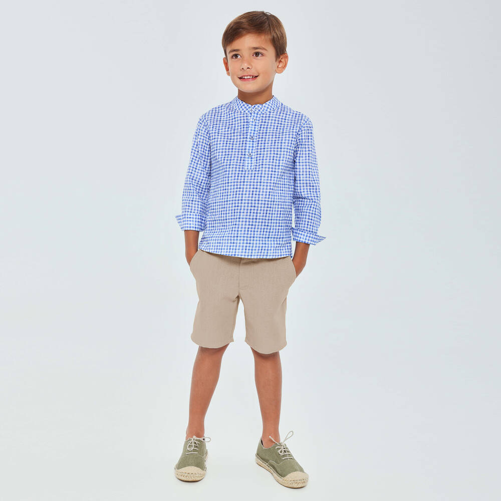Tutto Piccolo-Boys Blue Gingham Shirt & Beige Shorts Set | Childrensalon