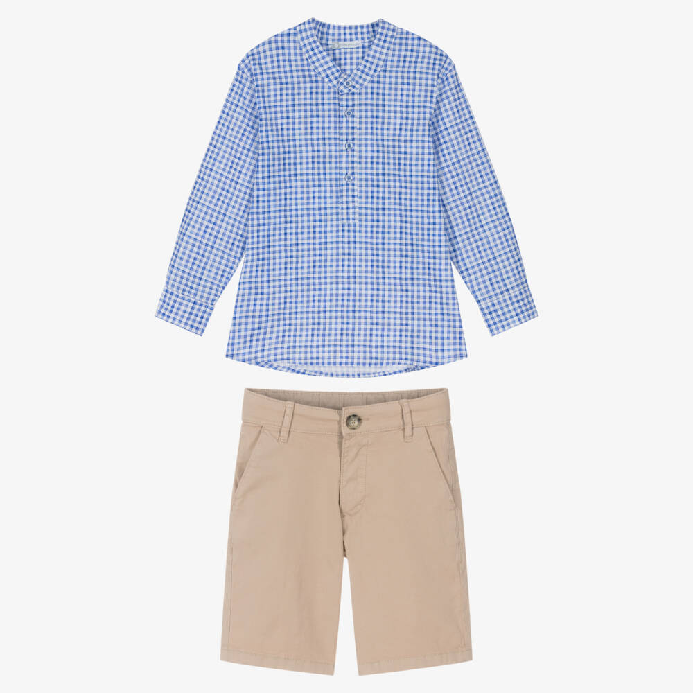Tutto Piccolo-Boys Blue Gingham Shirt & Beige Shorts Set | Childrensalon