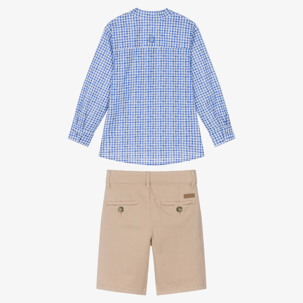 Tutto Piccolo-Boys Blue Gingham Shirt & Beige Shorts Set | Childrensalon