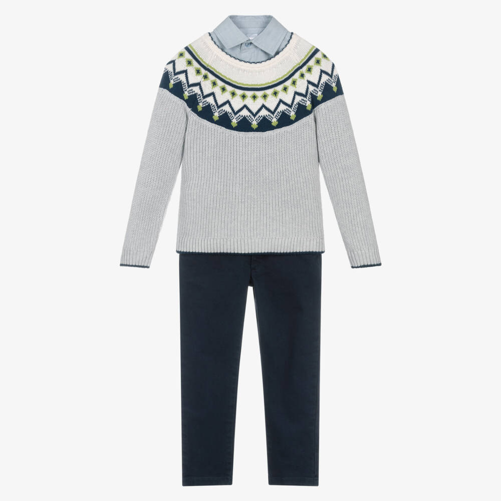 Tutto Piccolo-Boys Blue & Grey Cotton Fair Isle Trouser Set | Childrensalon