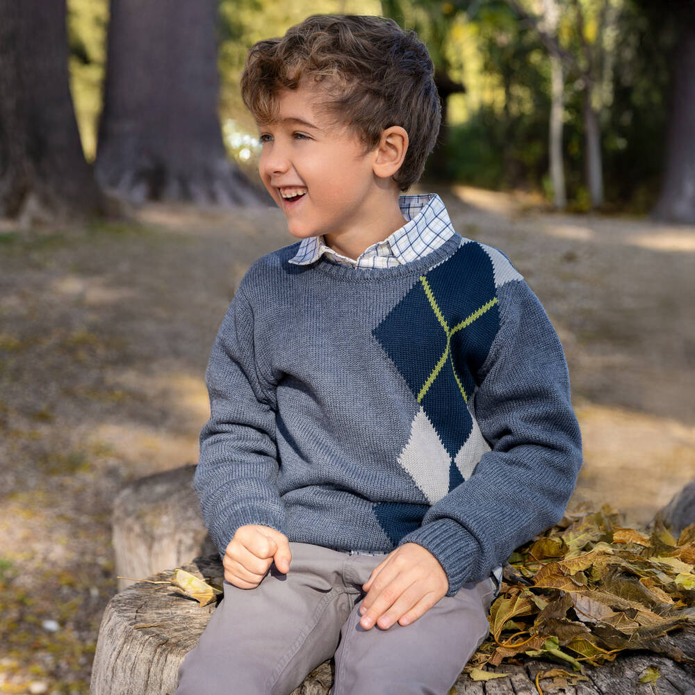 Tutto Piccolo-Boys Blue & Grey Cotton Slim Fit Trouser Set | Childrensalon