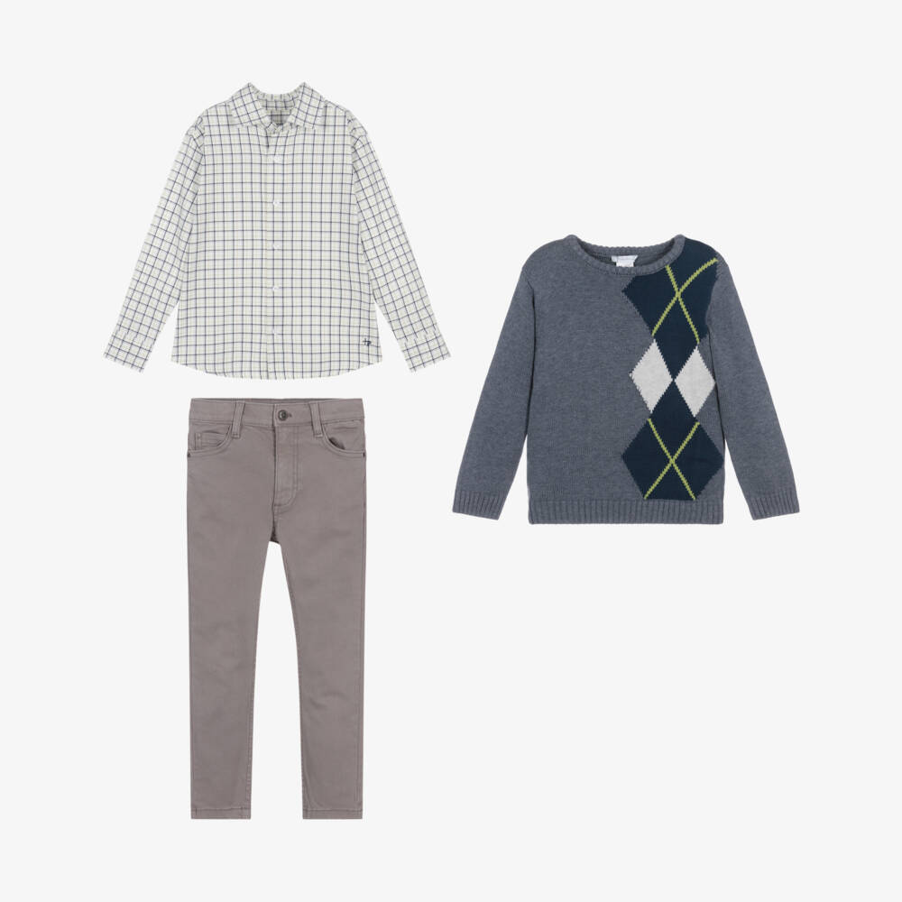 Tutto Piccolo-Boys Blue & Grey Cotton Slim Fit Trouser Set | Childrensalon