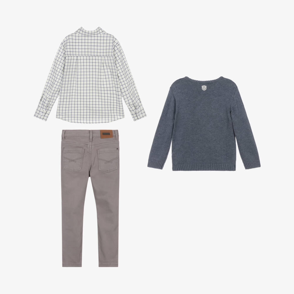 Tutto Piccolo-Boys Blue & Grey Cotton Slim Fit Trouser Set | Childrensalon