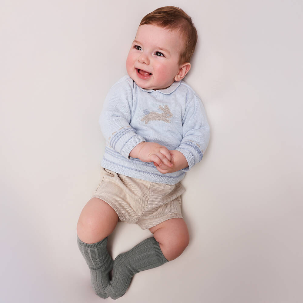 Tutto Piccolo-Boys Blue Knitted Bunny Sweater & Beige Shorts Set | Childrensalon