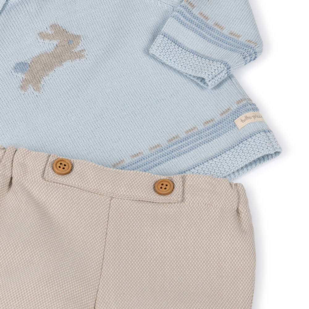 Tutto Piccolo-Boys Blue Knitted Bunny Sweater & Beige Shorts Set | Childrensalon