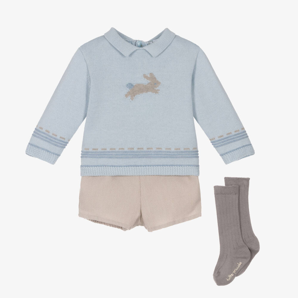 Tutto Piccolo-Boys Blue Knitted Bunny Sweater & Beige Shorts Set | Childrensalon