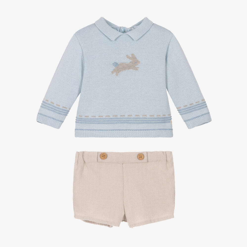 Tutto Piccolo-Boys Blue Knitted Bunny Sweater & Beige Shorts Set | Childrensalon