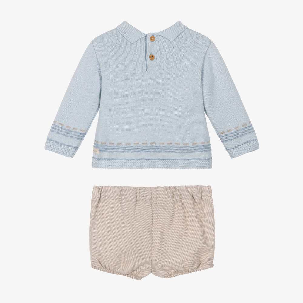 Tutto Piccolo-Boys Blue Knitted Bunny Sweater & Beige Shorts Set | Childrensalon