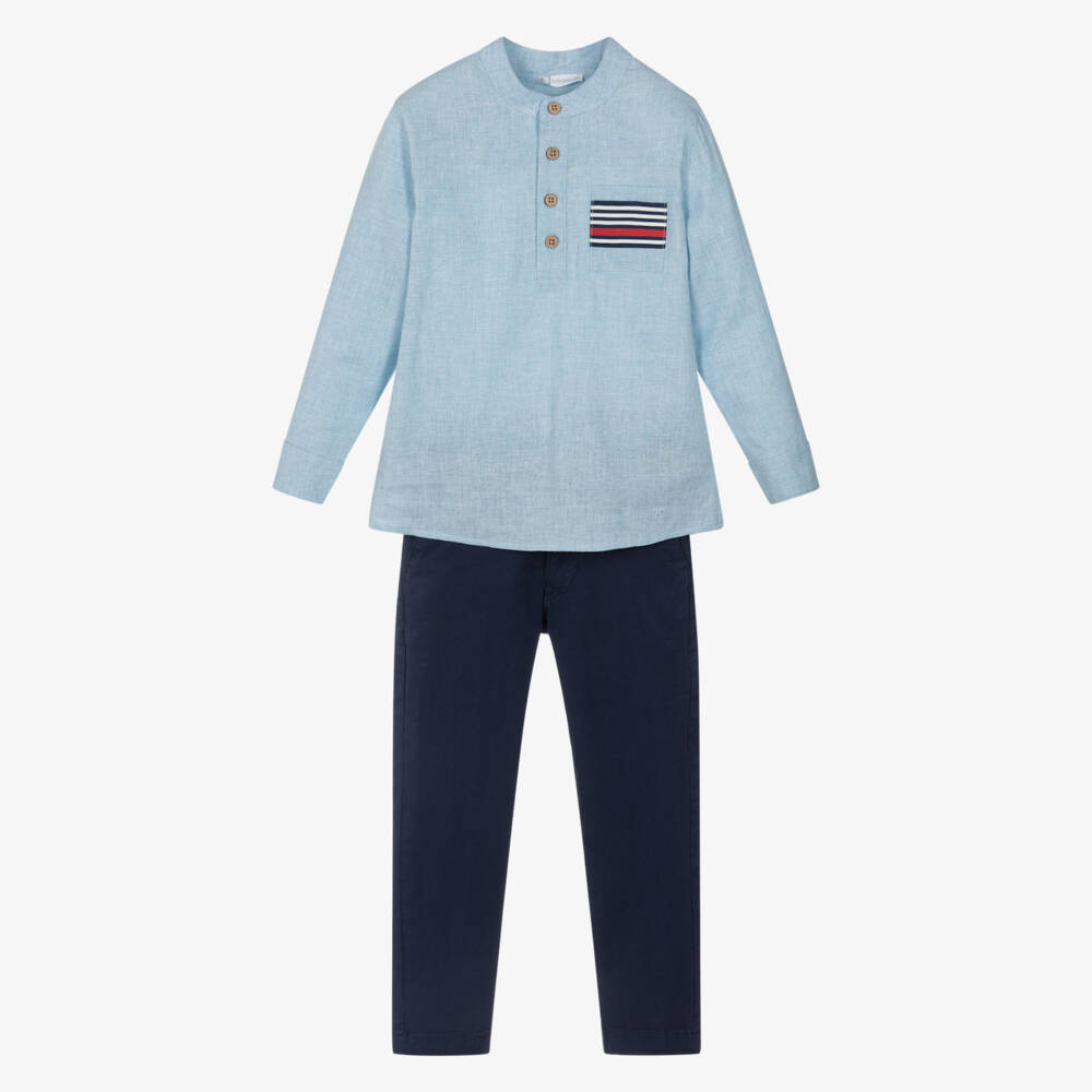 Tutto Piccolo-Boys Blue Linen & Cotton Shirt & Trouser Set | Childrensalon