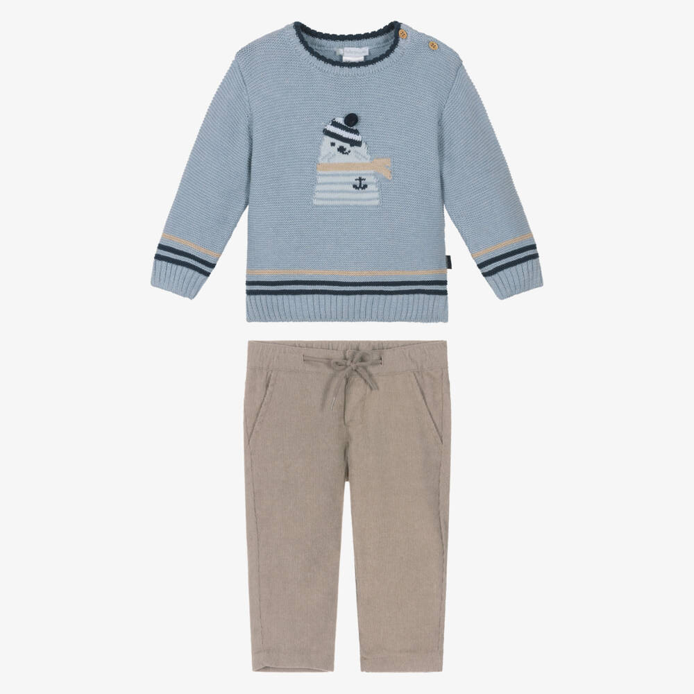 Tutto Piccolo-Boys Blue Seal Sweater & Beige Corduroy Trouser Set | Childrensalon