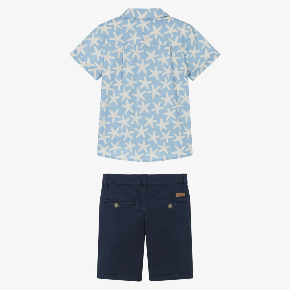 Tutto Piccolo-Boys Blue Starfish Print Shirt & Shorts Set | Childrensalon