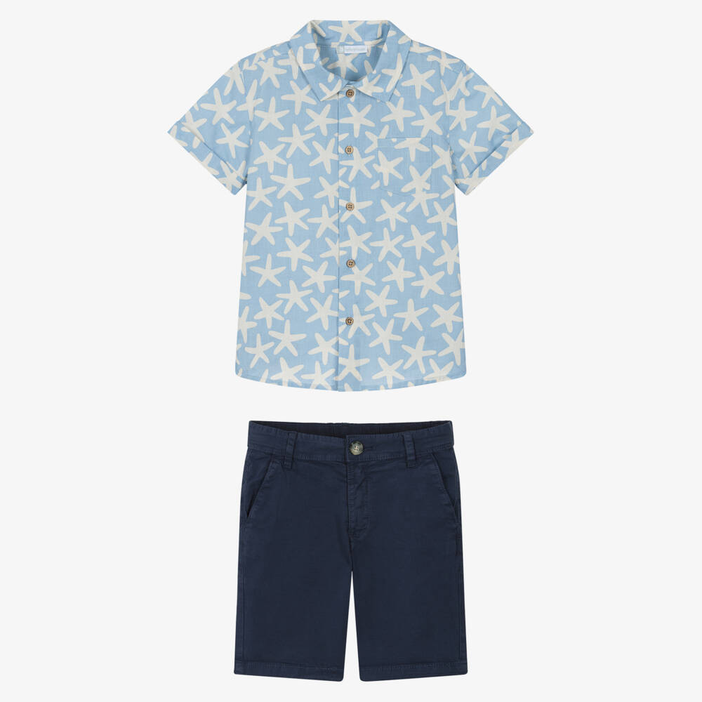 Tutto Piccolo-Boys Blue Starfish Print Shirt & Shorts Set | Childrensalon