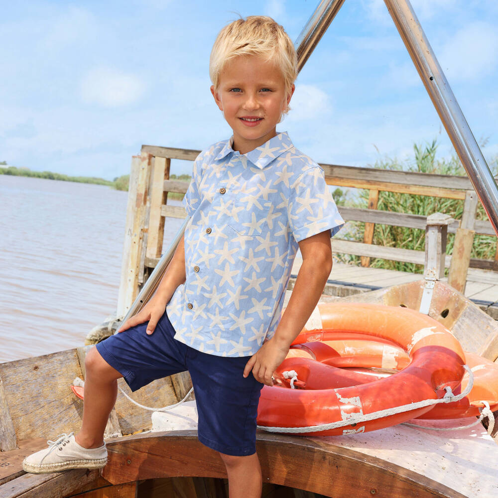 Tutto Piccolo-Boys Blue Starfish Print Shirt & Shorts Set | Childrensalon