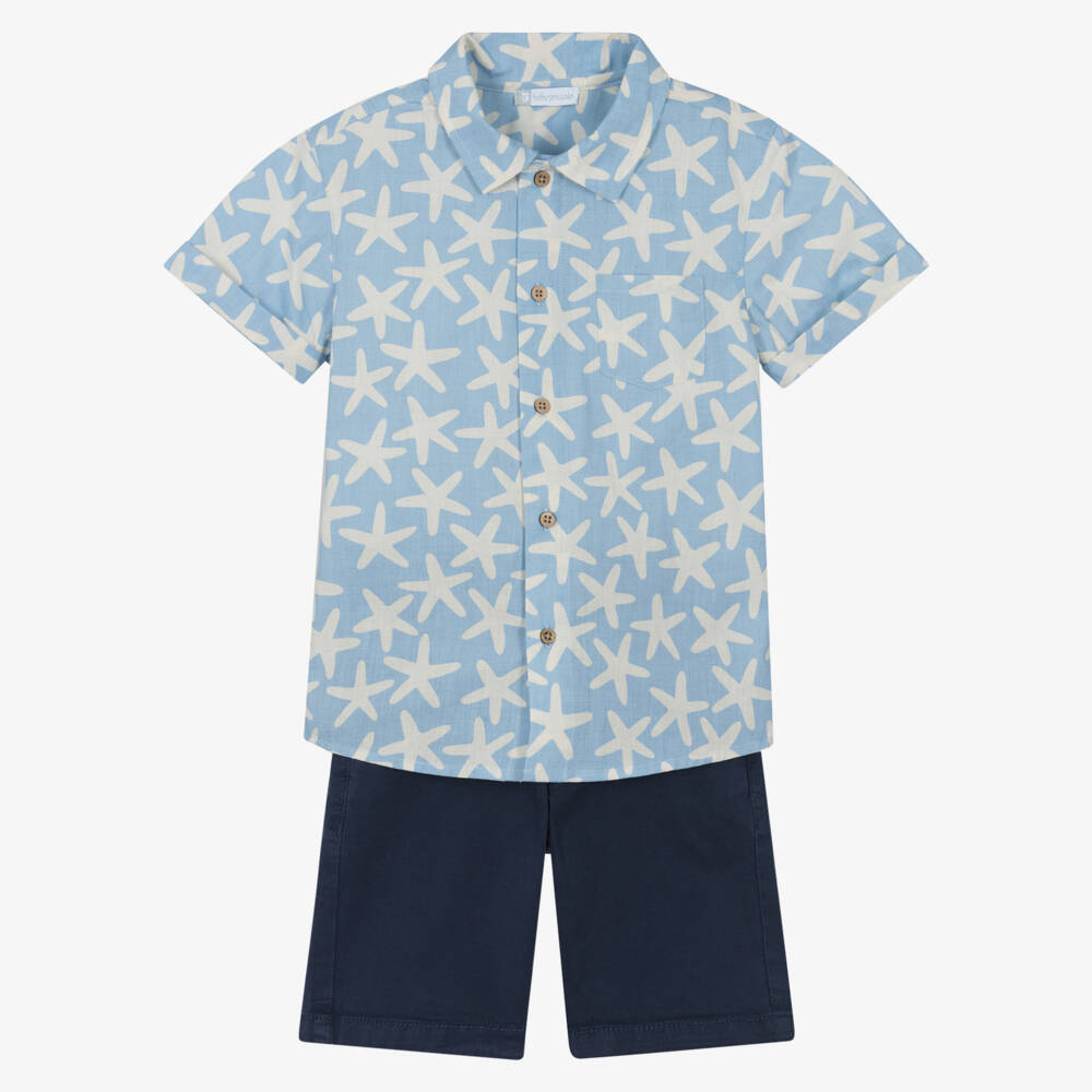 Tutto Piccolo-Boys Blue Starfish Print Shirt & Shorts Set | Childrensalon