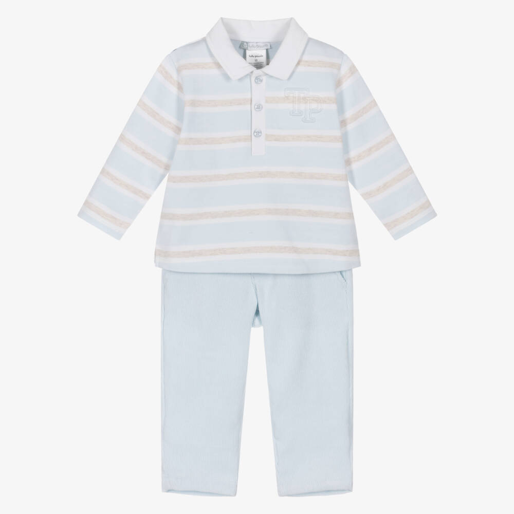 Tutto Piccolo-Boys Blue Stripe Polo Shirt & Corduroy Trouser Set | Childrensalon