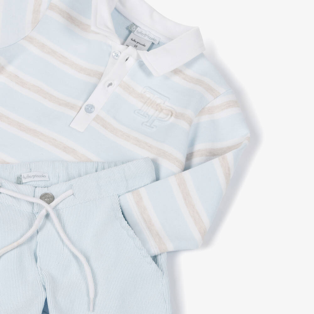 Tutto Piccolo-Boys Blue Stripe Polo Shirt & Corduroy Trouser Set | Childrensalon