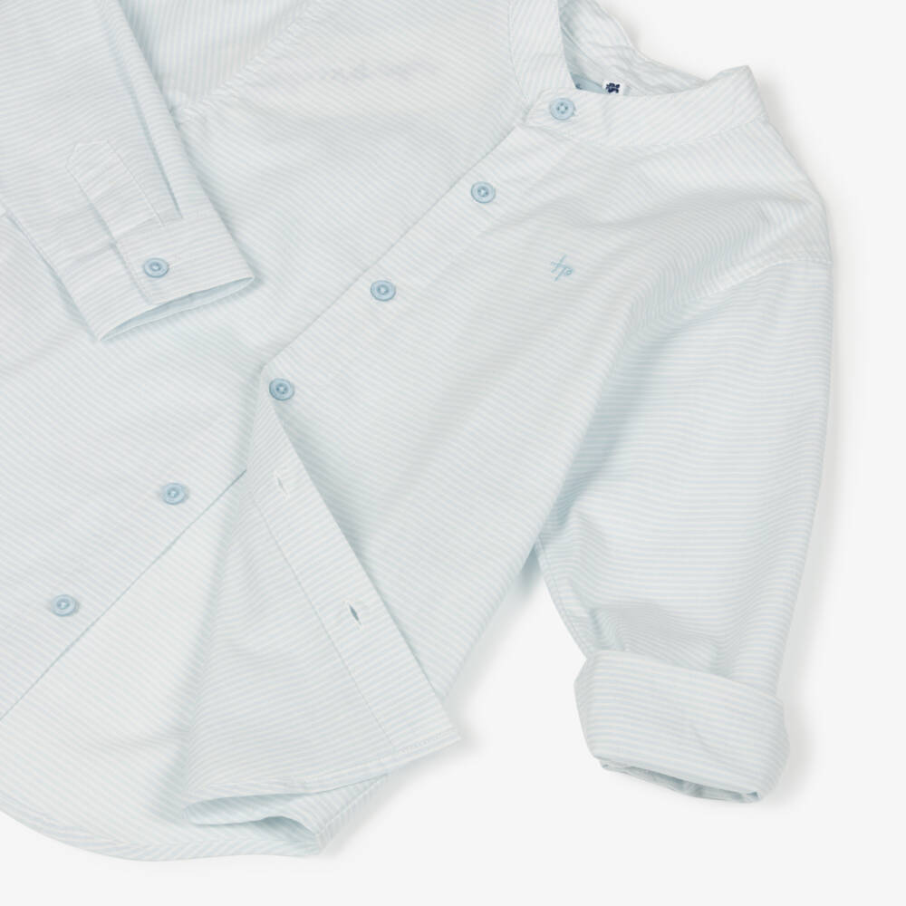 Tutto Piccolo-Boys Blue Stripe Shirt & Beige Trousers Set | Childrensalon