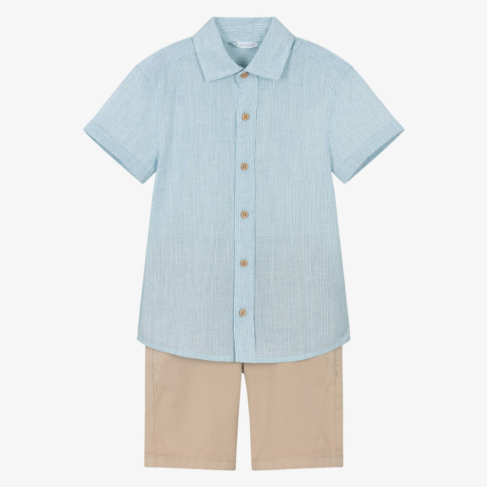 Tutto Piccolo-Boys Blue Striped Shirt & Beige Shorts Set | Childrensalon
