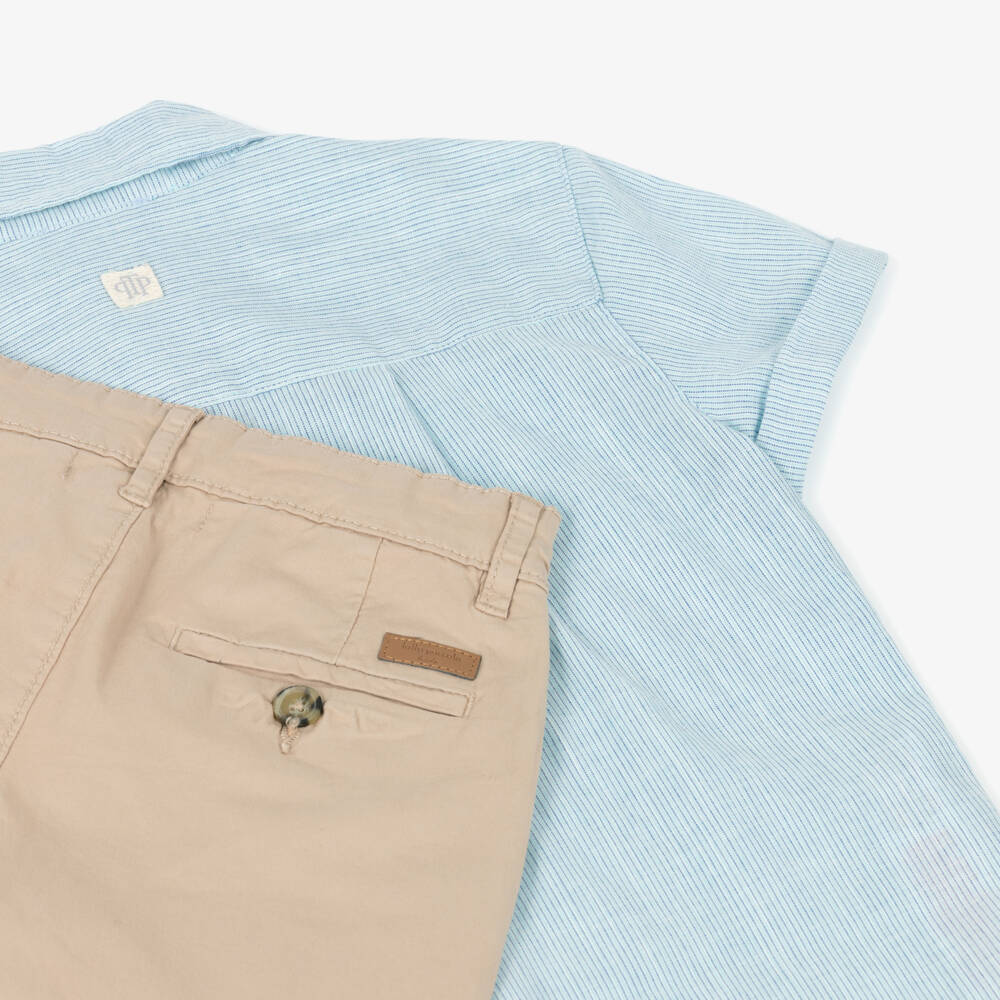 Tutto Piccolo-Boys Blue Striped Shirt & Beige Shorts Set | Childrensalon