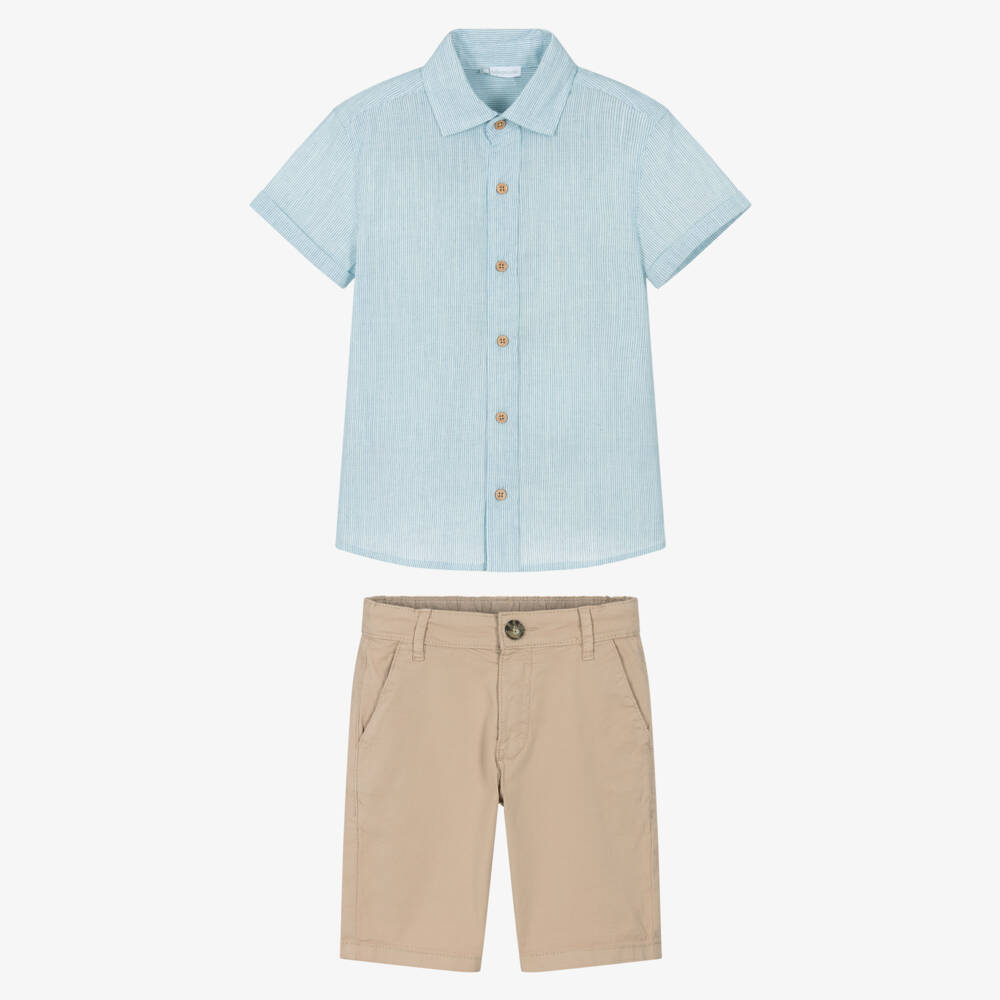 Tutto Piccolo-Boys Blue Striped Shirt & Beige Shorts Set | Childrensalon