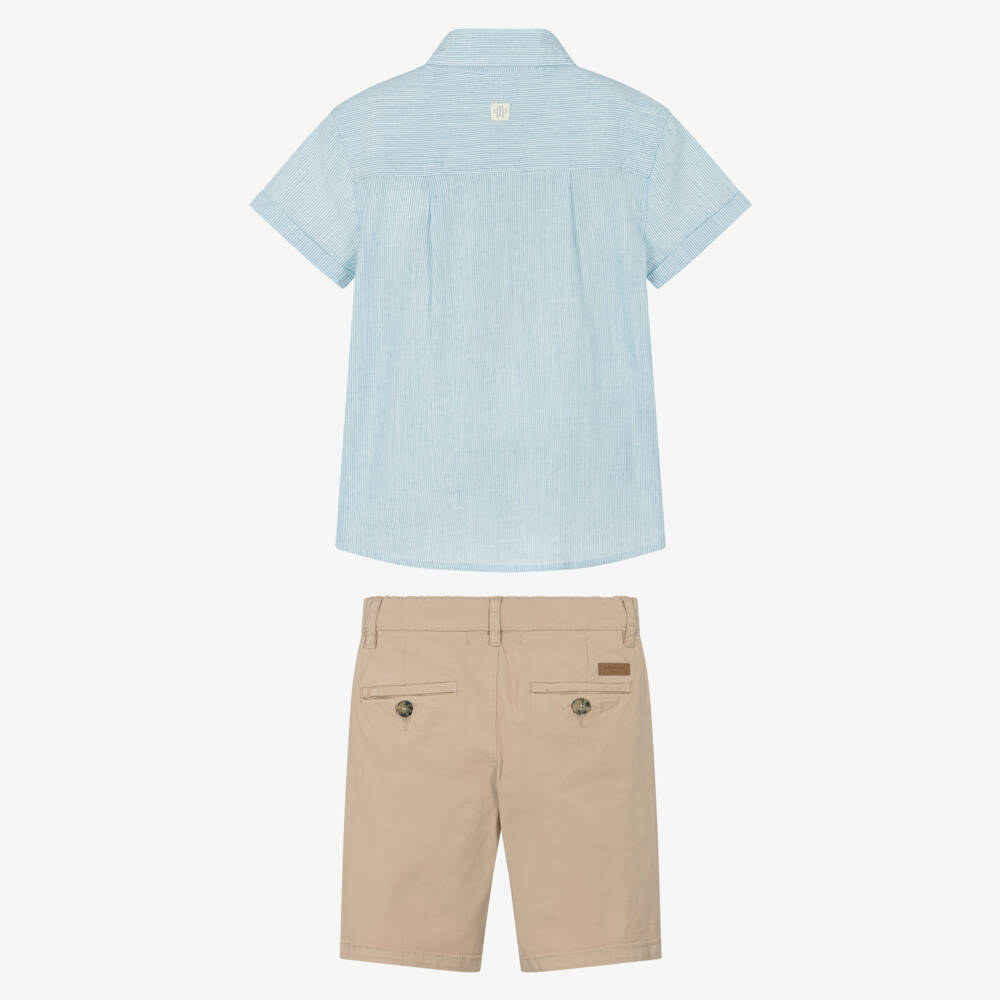 Tutto Piccolo-Boys Blue Striped Shirt & Beige Shorts Set | Childrensalon