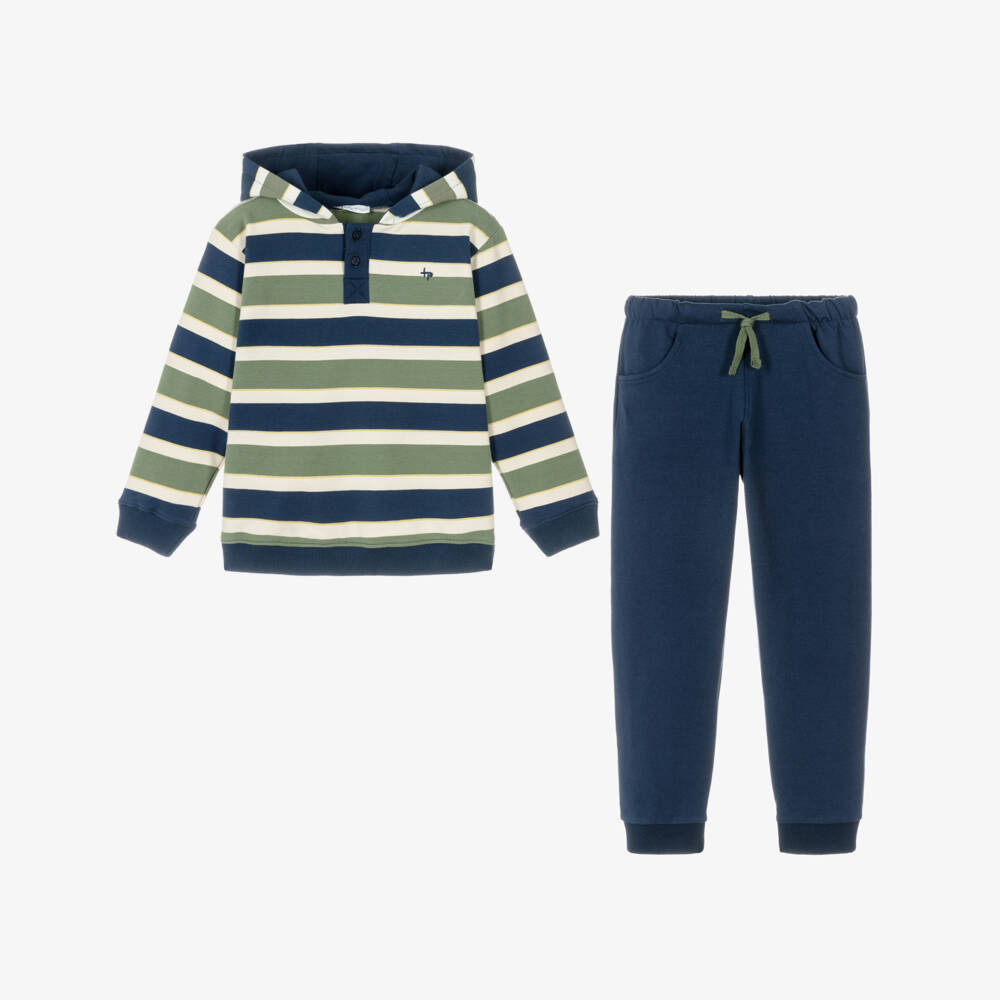 Tutto Piccolo-Boys Green & Blue Striped Cotton Tracksuit | Childrensalon