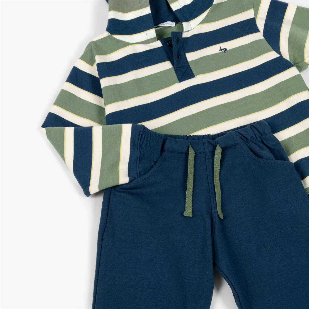 Tutto Piccolo-Boys Green & Blue Striped Cotton Tracksuit | Childrensalon