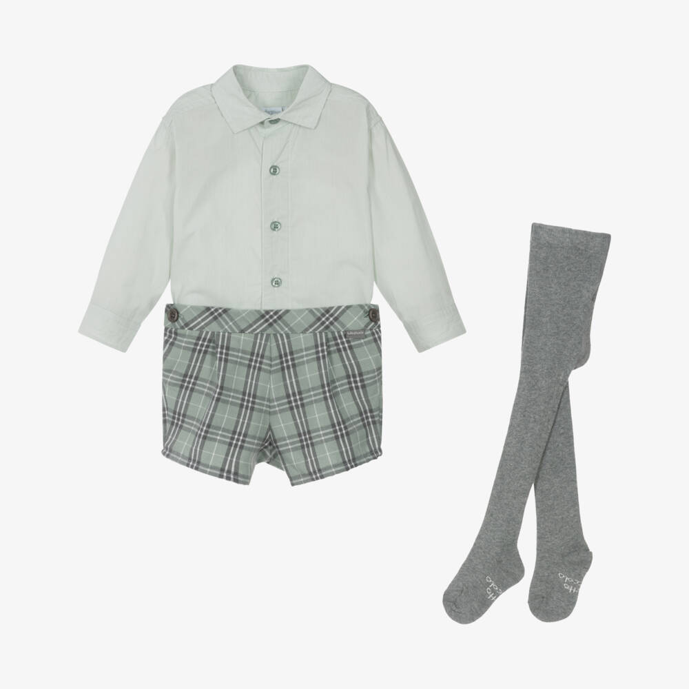 Tutto Piccolo-Boys Green Cotton Shorts Set with Grey Knitted Tights | Childrensalon
