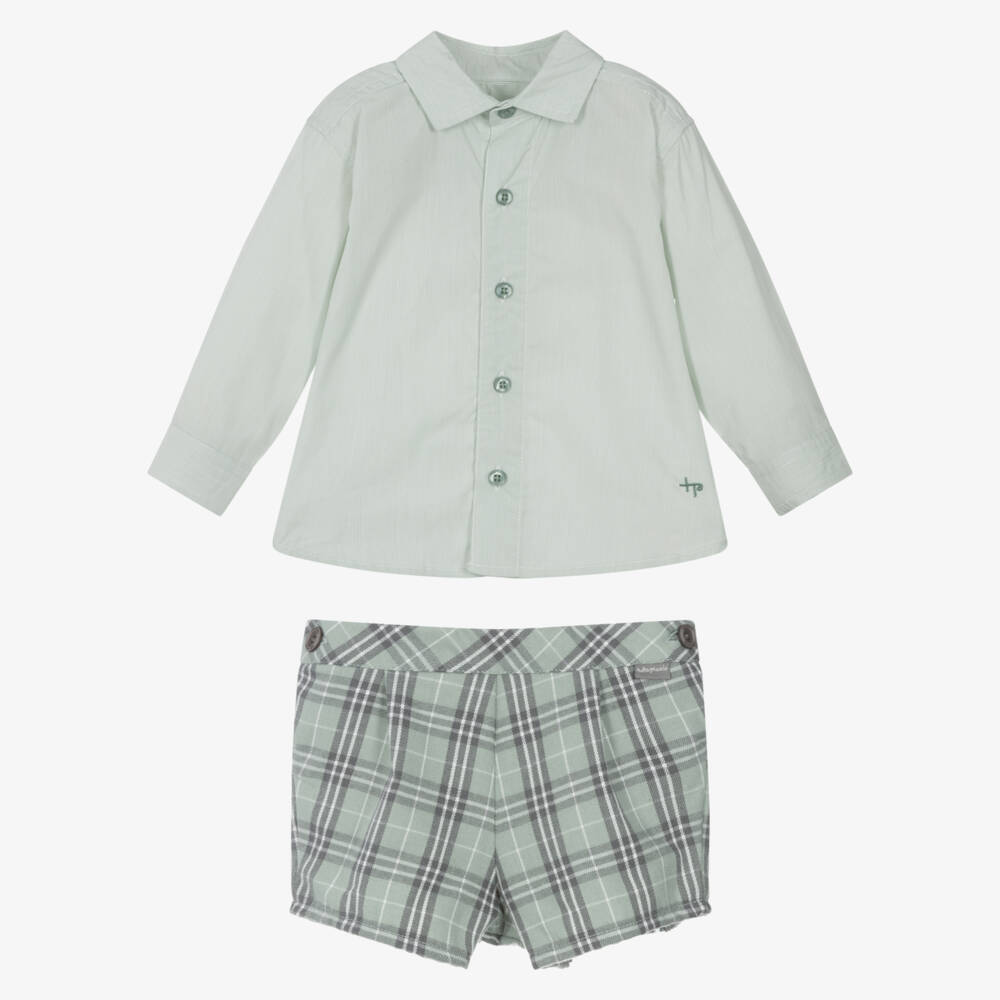 Tutto Piccolo-Boys Green Cotton Shorts Set with Grey Knitted Tights | Childrensalon