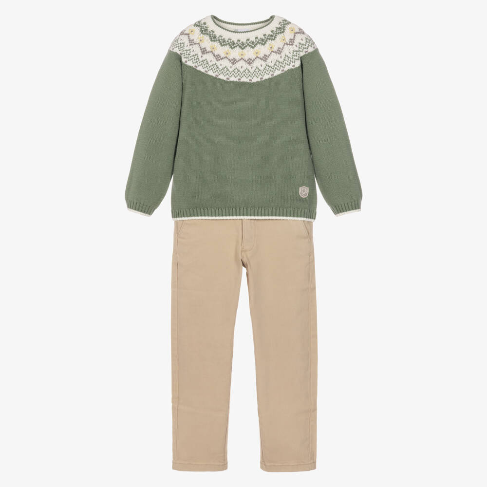 Tutto Piccolo-Boys Green Fair Isle Sweater & Beige Twill Trouser Set | Childrensalon