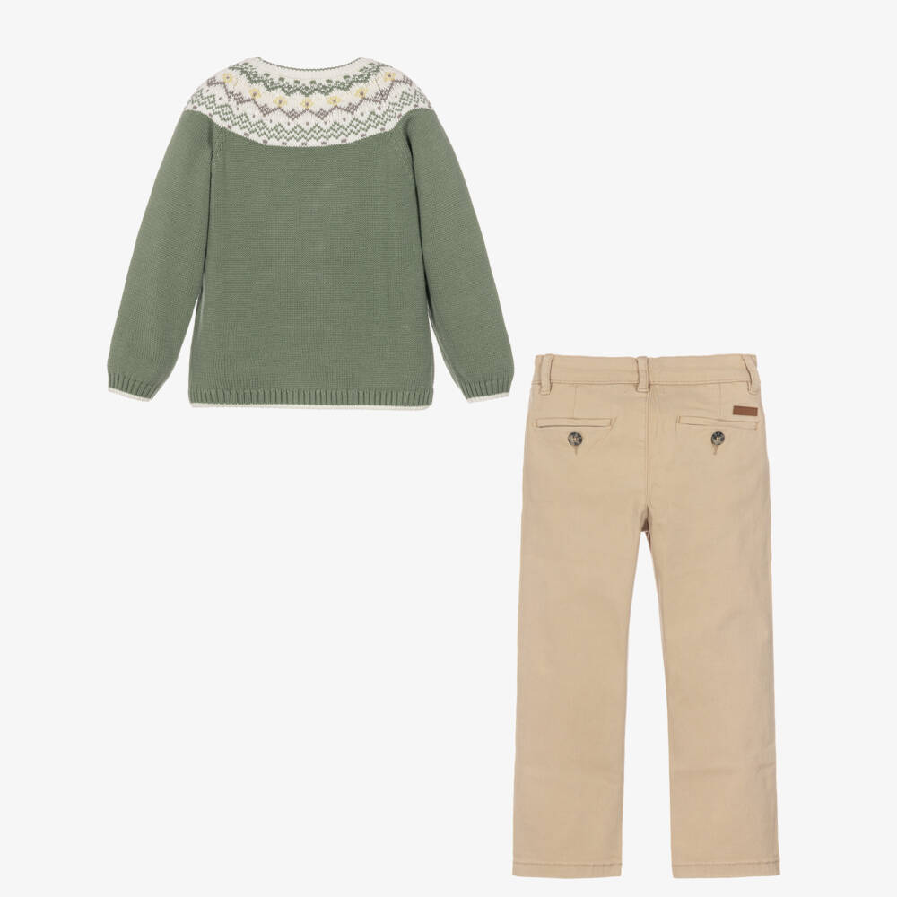 Tutto Piccolo-Boys Green Fair Isle Sweater & Beige Twill Trouser Set | Childrensalon