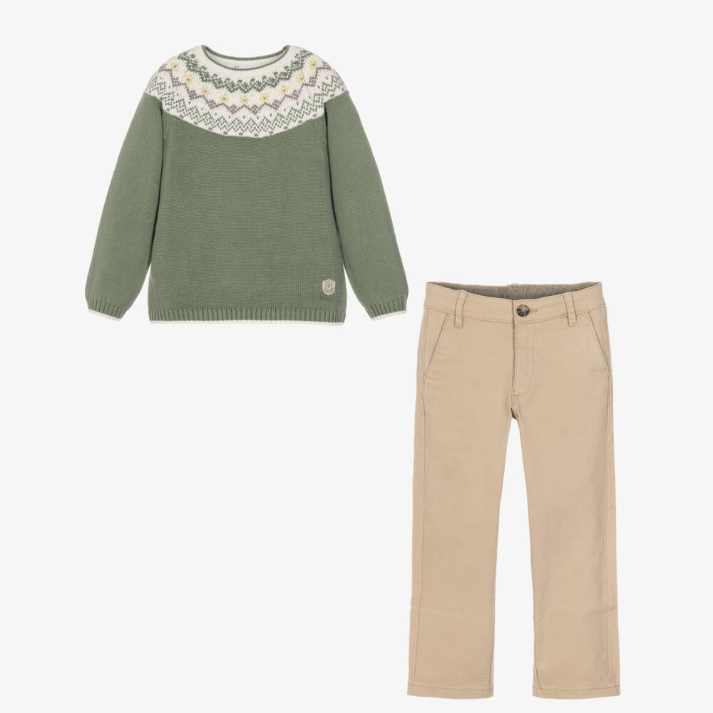 Tutto Piccolo-Boys Green Fair Isle Sweater & Beige Twill Trouser Set | Childrensalon
