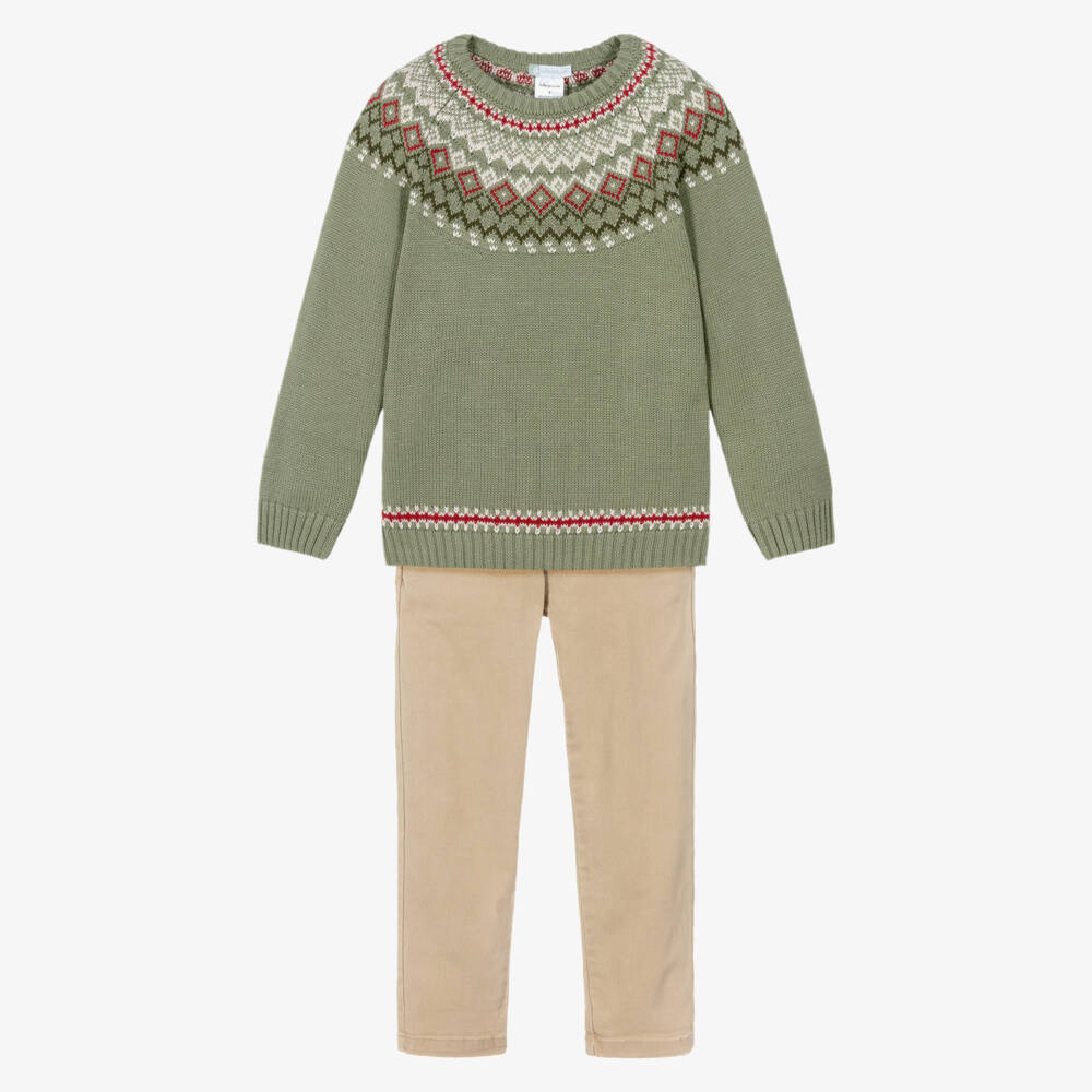 Tutto Piccolo-Boys Green Knit Sweater & Beige Twill Trouser Set | Childrensalon